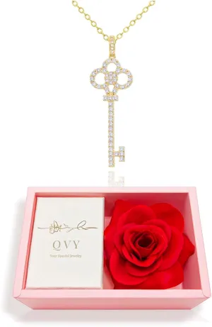 Key Pendant Necklace for Women 14K Gold Plated Cubic Zirconia Delicate CZ Diamond Costume Jewelry Anniversary Necklace for Her [KN-G-GW]