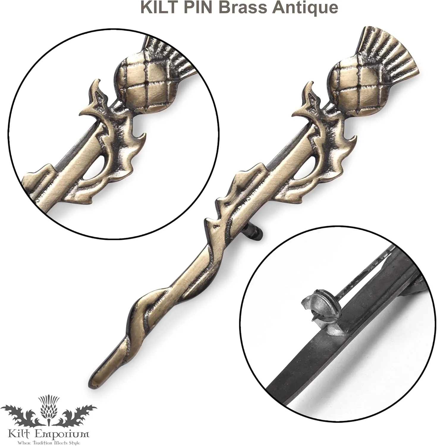 Kilt Emproium Scottish Thistle Vine Kilt Pin, Rust Free Brass - 4 inches