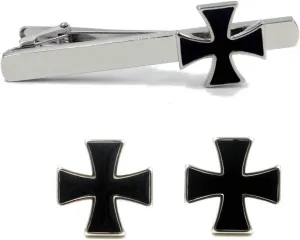 Knights Templar Black Cross Cufflinks and Tie Clip Set  Stylish Mens Accessory for Formal Wear, Great Gift for History Enthusiasts