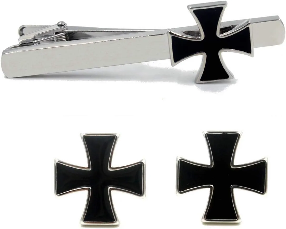 Knights Templar Black Cross Cufflinks and Tie Clip Set  Stylish Mens Accessory for Formal Wear, Great Gift for History Enthusiasts