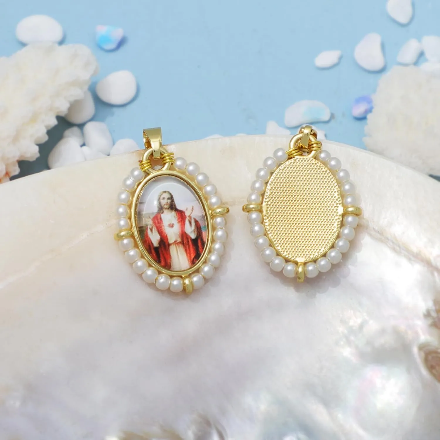 KOMI Virgin Mary Jesus St Michael Pendant Necklace for Women Dainty 18K Gold Plated Saint Medal with Pearl Protection Necklace Catholic Religious Jewelry