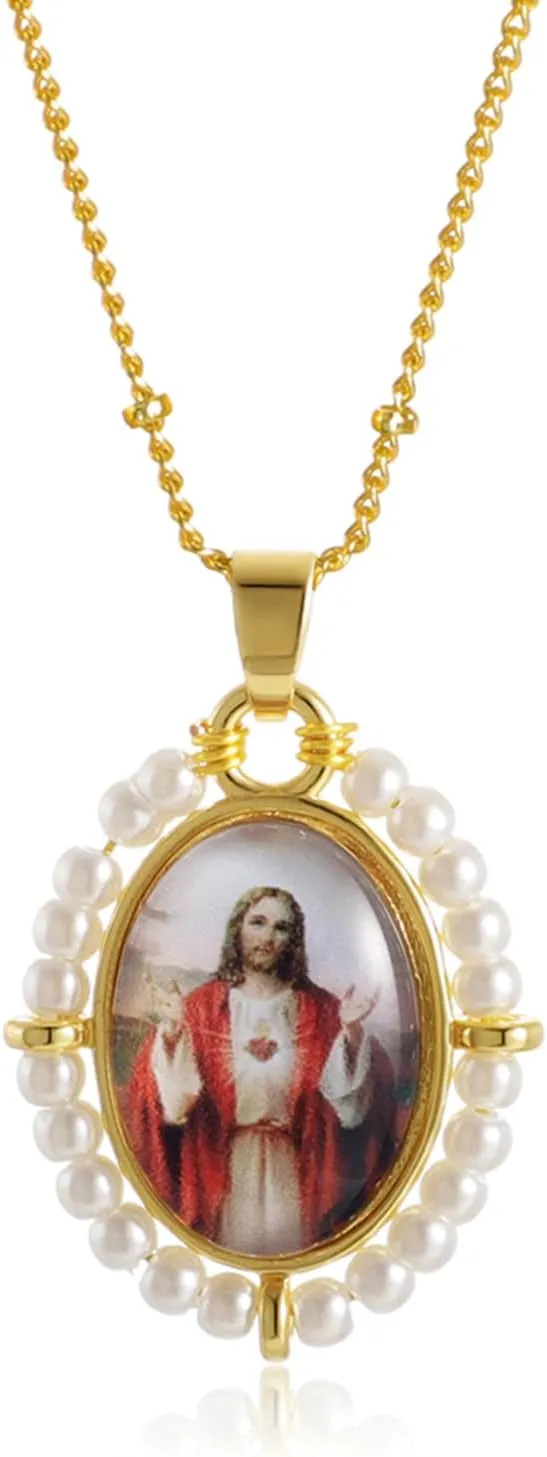 KOMI Virgin Mary Jesus St Michael Pendant Necklace for Women Dainty 18K Gold Plated Saint Medal with Pearl Protection Necklace Catholic Religious Jewelry