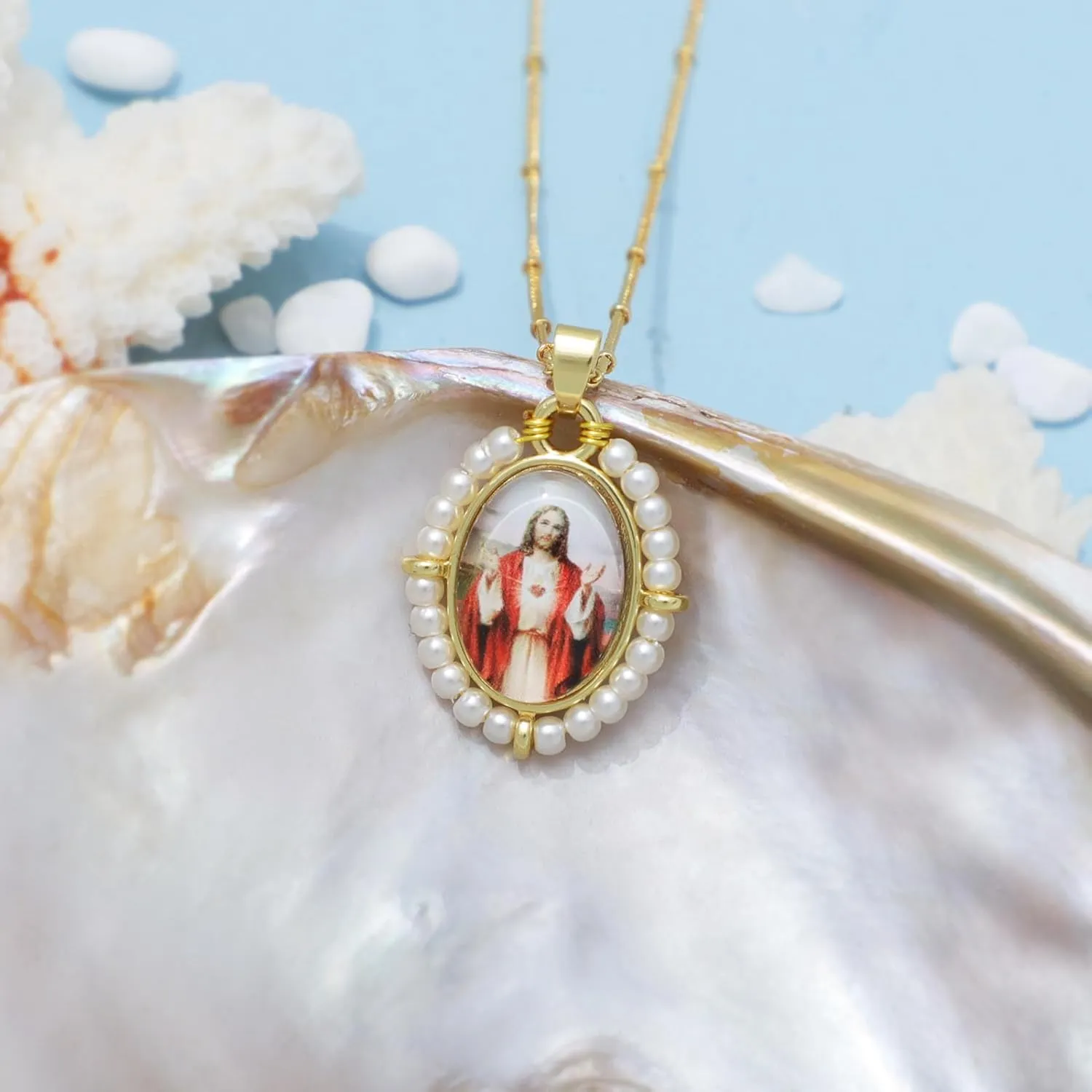 KOMI Virgin Mary Jesus St Michael Pendant Necklace for Women Dainty 18K Gold Plated Saint Medal with Pearl Protection Necklace Catholic Religious Jewelry