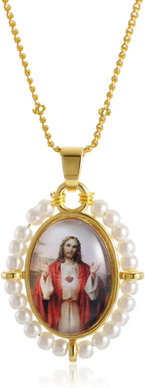 KOMI Virgin Mary Jesus St Michael Pendant Necklace for Women Dainty 18K Gold Plated Saint Medal with Pearl Protection Necklace Catholic Religious Jewelry