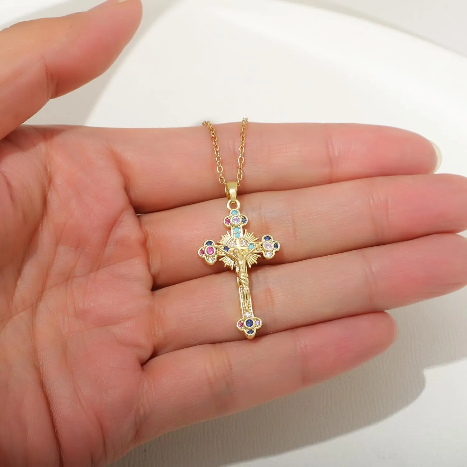 KOMI Womens 18K Gold-plated Zircon Jesus Religious Cross Necklace Presented As A Gift Mary St Benedict and St. Jude Wife Daughter and Best Friend