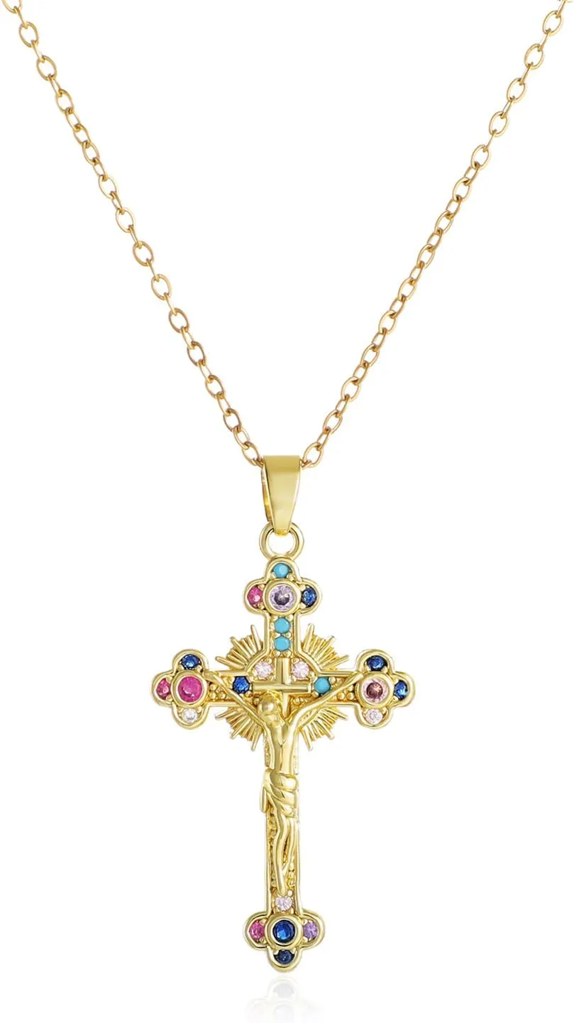 KOMI Womens 18K Gold-plated Zircon Jesus Religious Cross Necklace Presented As A Gift Mary St Benedict and St. Jude Wife Daughter and Best Friend