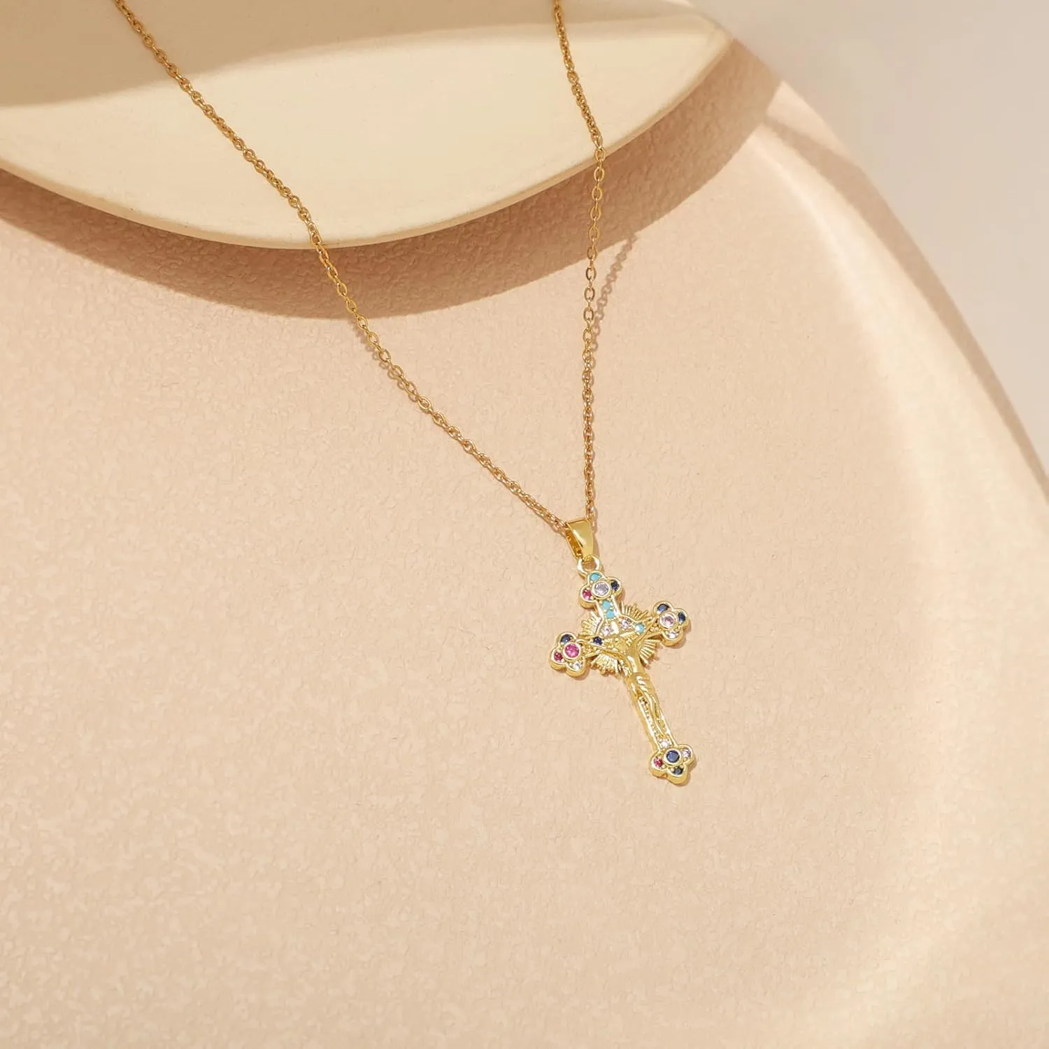 KOMI Womens 18K Gold-plated Zircon Jesus Religious Cross Necklace Presented As A Gift Mary St Benedict and St. Jude Wife Daughter and Best Friend
