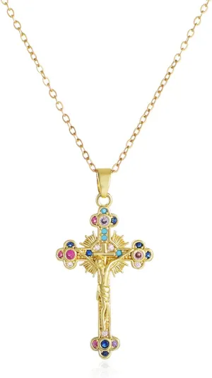 KOMI Womens 18K Gold-plated Zircon Jesus Religious Cross Necklace Presented As A Gift Mary St Benedict and St. Jude Wife Daughter and Best Friend