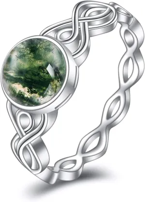 KQF Moss Agate Rings for Women Sterling Silver Celtic Healing Statement Rings Jewelry Size 7 Ring Gifts for Wife Girlfriend
