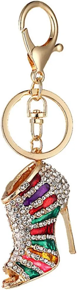 Lady Gift Rhinestone Stiletto High Heel Shoe Crystal Enamel Keychain Multicolor Enamel Keychain (Gold-Toned Mixcolor)