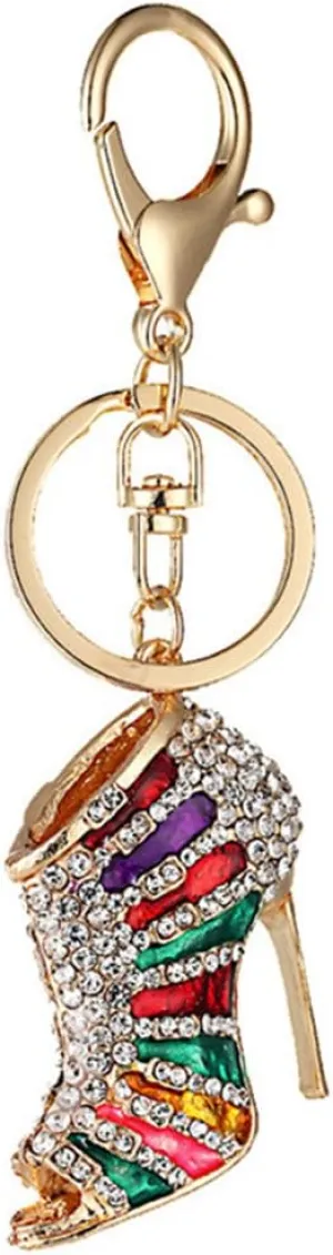 Lady Gift Rhinestone Stiletto High Heel Shoe Crystal Enamel Keychain Multicolor Enamel Keychain (Gold-Toned Mixcolor)