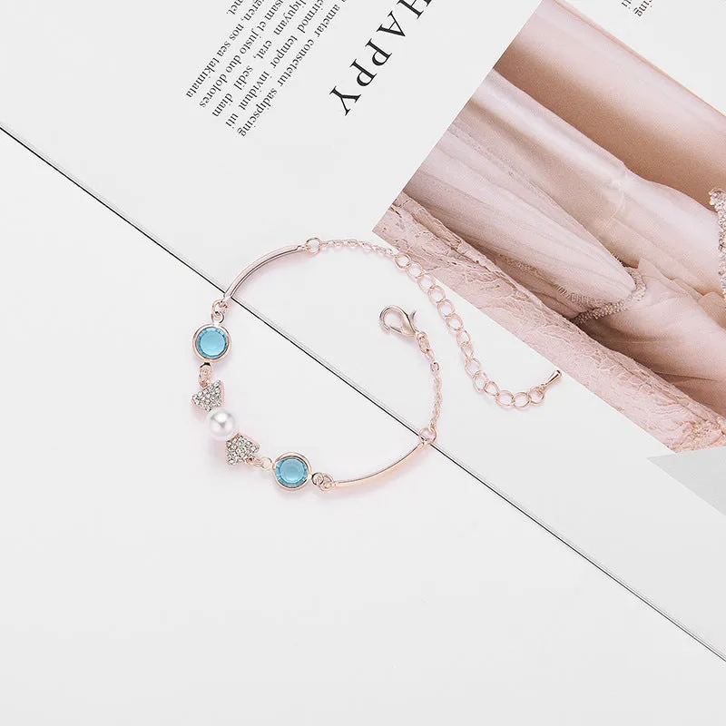Lake Blue Crystal Embellished With Chic Exquisite Pearl And Rhinestone Hand Jewelry