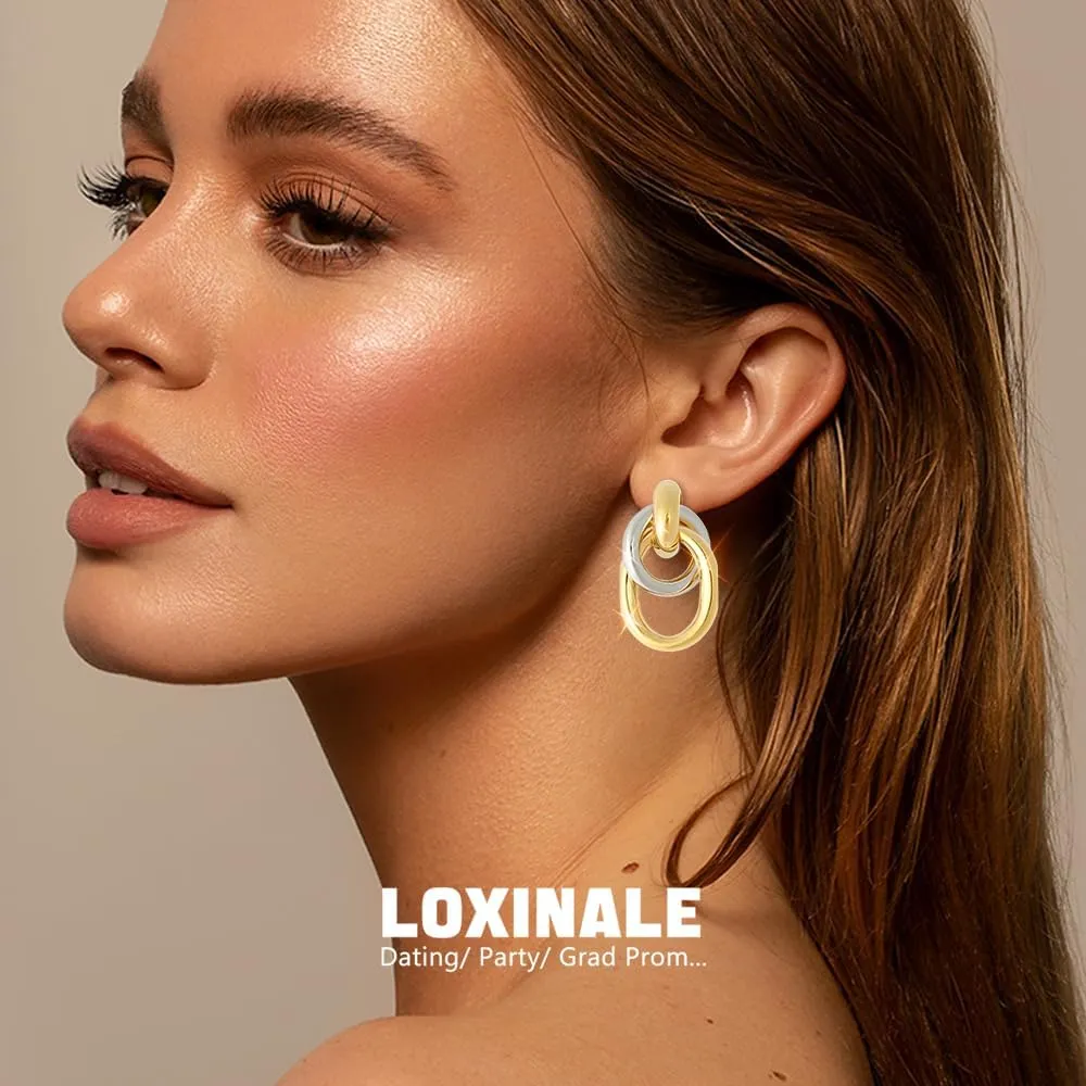 Large Chunky Dangle Earrings - Big 18k Gold Plated Drop Dangling Earings, Statement Dangly Hoop for Formal, Elegant Earing for Sensitive Pierced Earlobes
