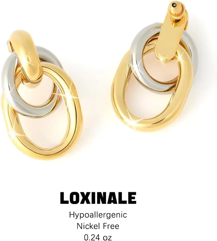Large Chunky Dangle Earrings - Big 18k Gold Plated Drop Dangling Earings, Statement Dangly Hoop for Formal, Elegant Earing for Sensitive Pierced Earlobes