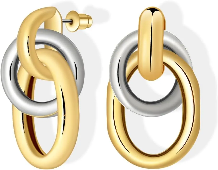 Large Chunky Dangle Earrings - Big 18k Gold Plated Drop Dangling Earings, Statement Dangly Hoop for Formal, Elegant Earing for Sensitive Pierced Earlobes
