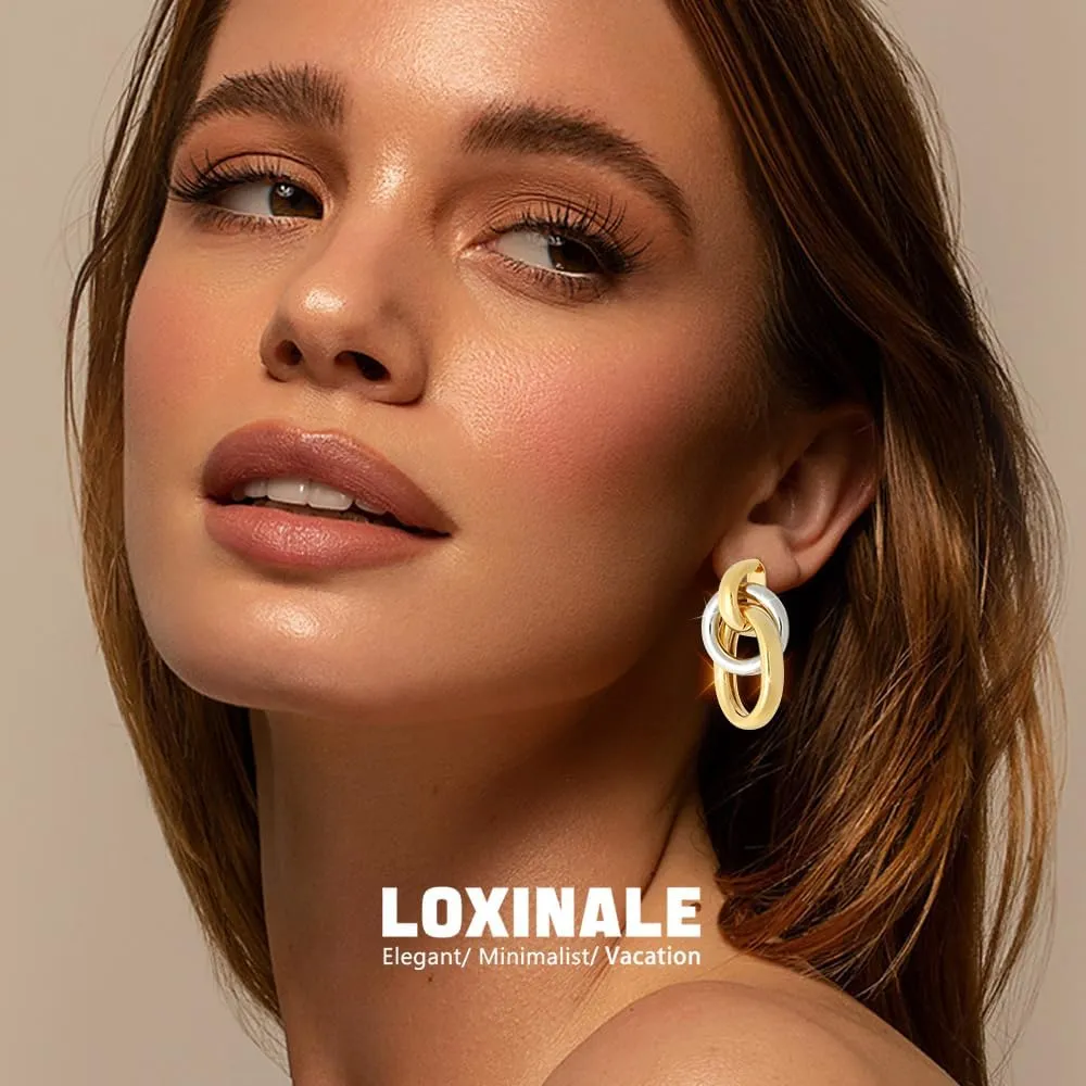 Large Chunky Dangle Earrings - Big 18k Gold Plated Drop Dangling Earings, Statement Dangly Hoop for Formal, Elegant Earing for Sensitive Pierced Earlobes