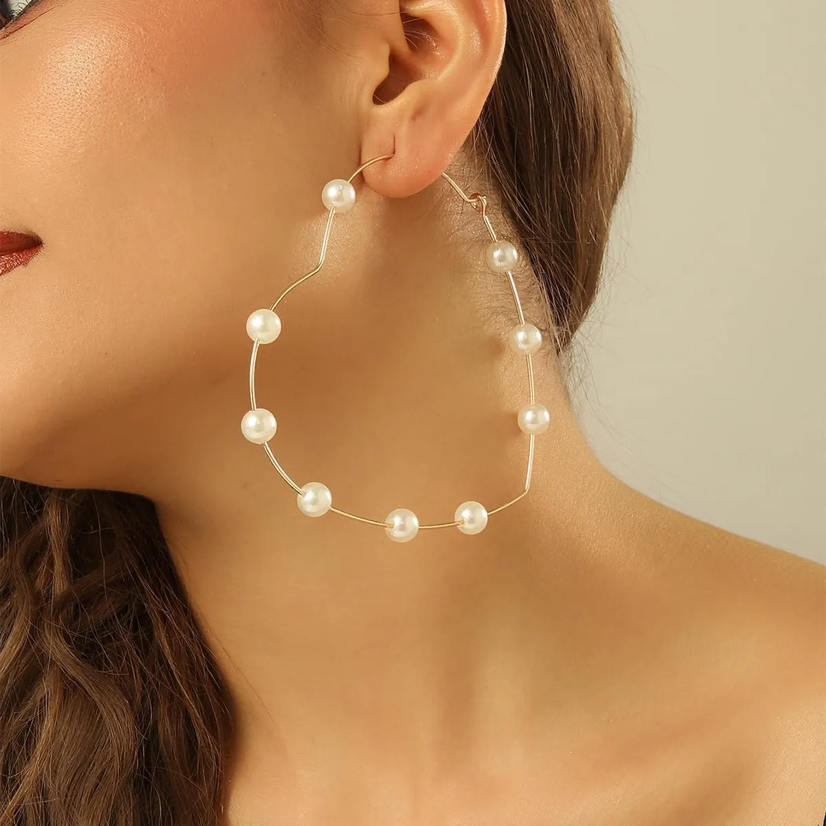 Large Hoops Circle Pearls Earrings 60mm90mmPmm Super Huge Gold Silver Thin Dangle earrings Elegant Women Wedding Jewelry