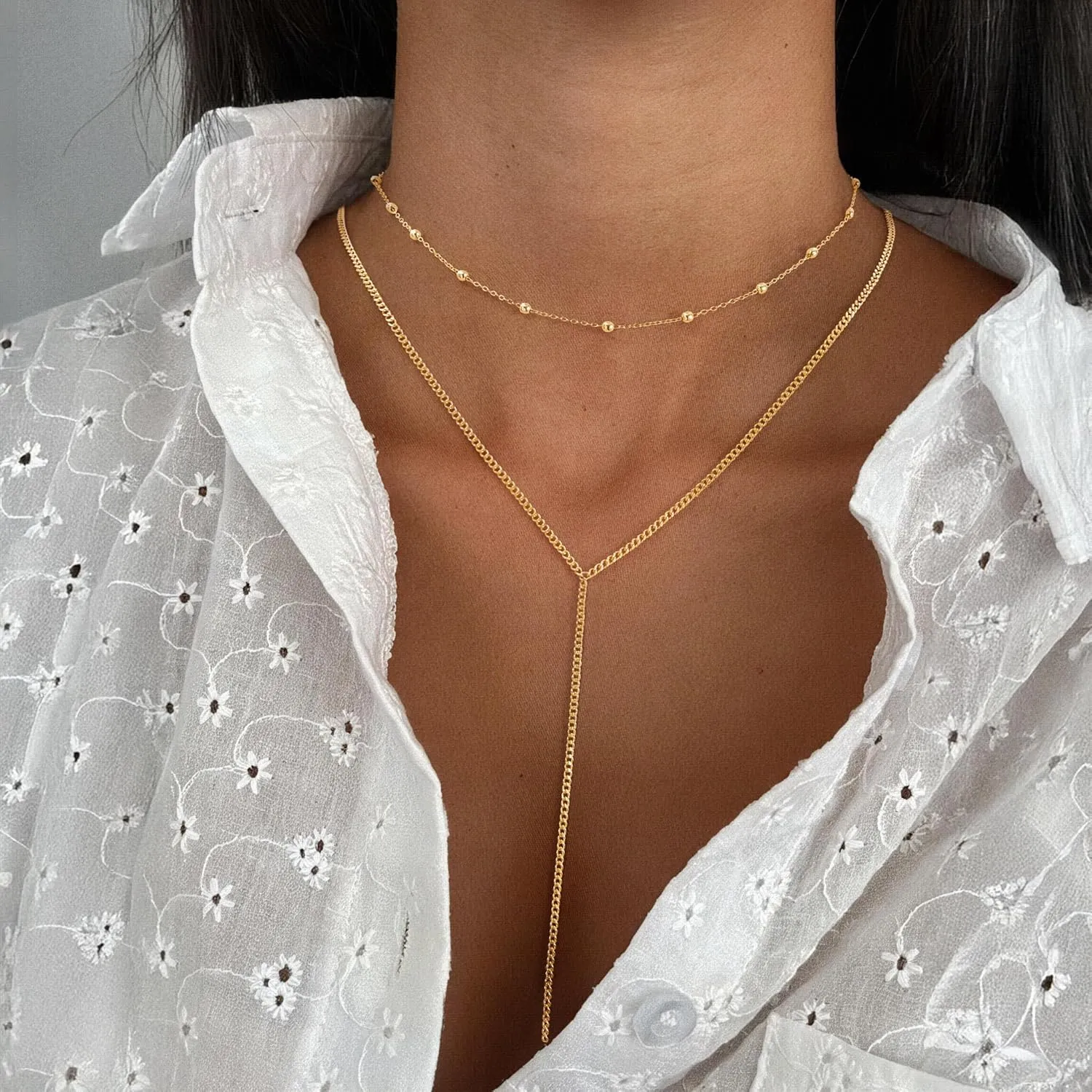 Lariat Gold Necklace for Women Dainty Long 14K Gold Plated Y-Shaped Body Chain Choker Necklace Trendy Non Tarnish Pendant Simple Layered Necklaces Gold Jewelry for Women Set Gift