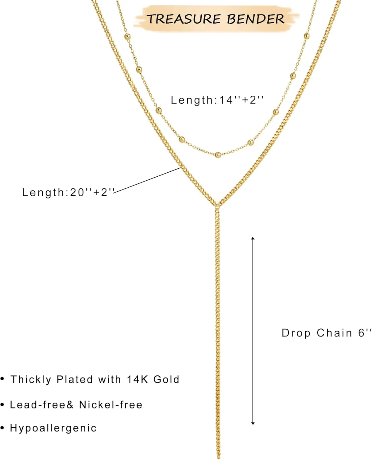 Lariat Gold Necklace for Women Dainty Long 14K Gold Plated Y-Shaped Body Chain Choker Necklace Trendy Non Tarnish Pendant Simple Layered Necklaces Gold Jewelry for Women Set Gift