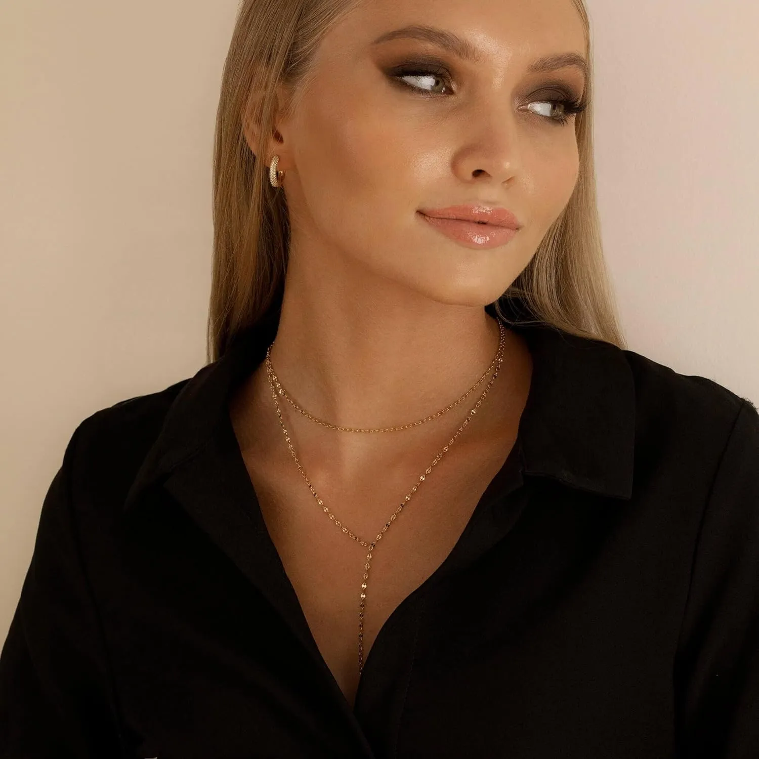 Lariat Gold Necklace for Women Dainty Long 14K Gold Plated Y-Shaped Body Chain Choker Necklace Trendy Non Tarnish Pendant Simple Layered Necklaces Gold Jewelry for Women Set Gift