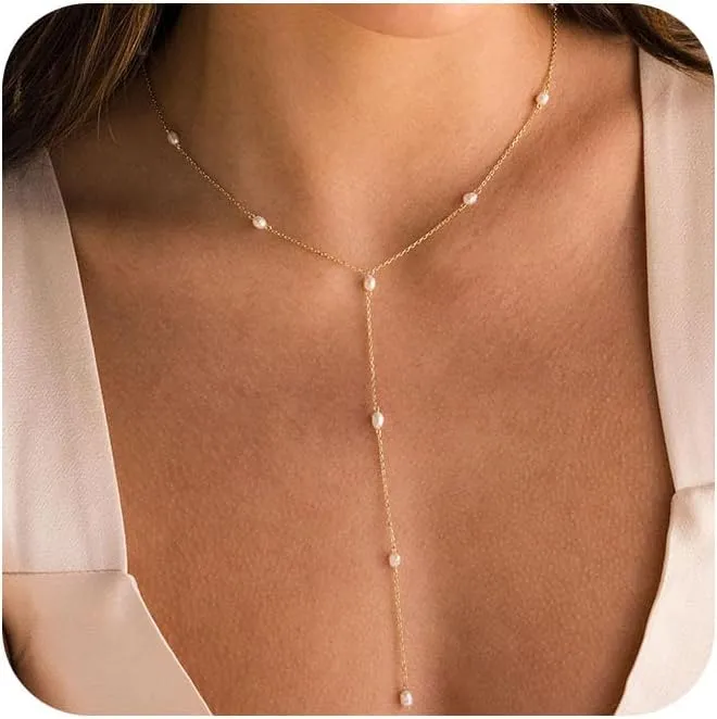 Lariat Gold Necklace for Women Dainty Long 14K Gold Plated Y-Shaped Body Chain Choker Necklace Trendy Non Tarnish Pendant Simple Layered Necklaces Gold Jewelry for Women Set Gift