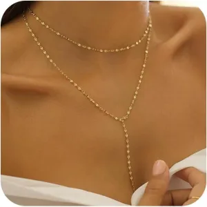 Lariat Gold Necklace for Women Dainty Long 14K Gold Plated Y-Shaped Body Chain Choker Necklace Trendy Non Tarnish Pendant Simple Layered Necklaces Gold Jewelry for Women Set Gift