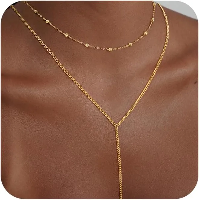 Lariat Gold Necklace for Women Dainty Long 14K Gold Plated Y-Shaped Body Chain Choker Necklace Trendy Non Tarnish Pendant Simple Layered Necklaces Gold Jewelry for Women Set Gift