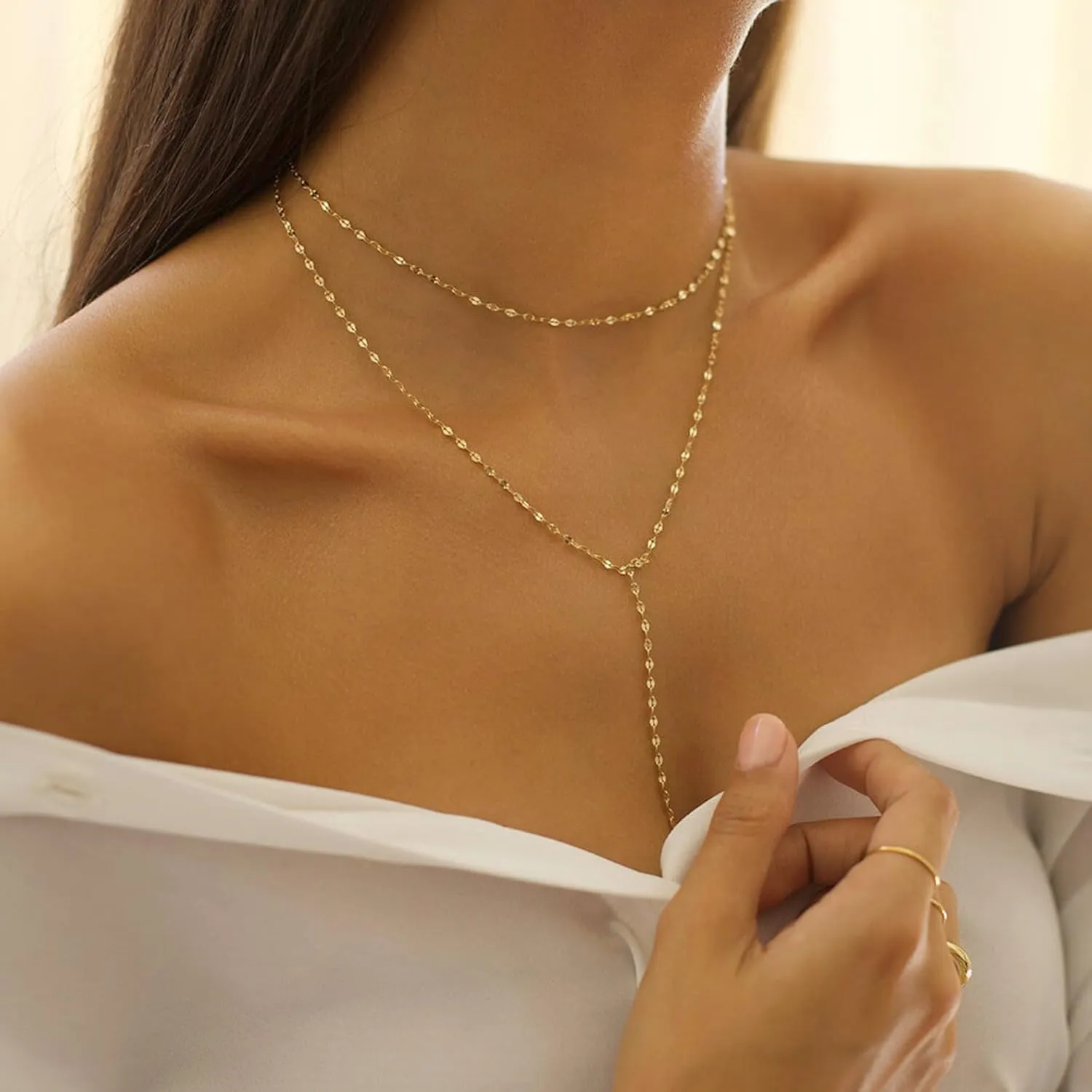 Lariat Gold Necklace for Women Dainty Long 14K Gold Plated Y-Shaped Body Chain Choker Necklace Trendy Non Tarnish Pendant Simple Layered Necklaces Gold Jewelry for Women Set Gift