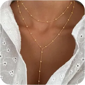 Lariat Gold Necklace for Women Long 14k Gold Plated Y-Shaped Body Bead Chain Choker Necklace Pendant Charm Layered Necklaces Non Tarnish Trendy Gold Jewelry for Women