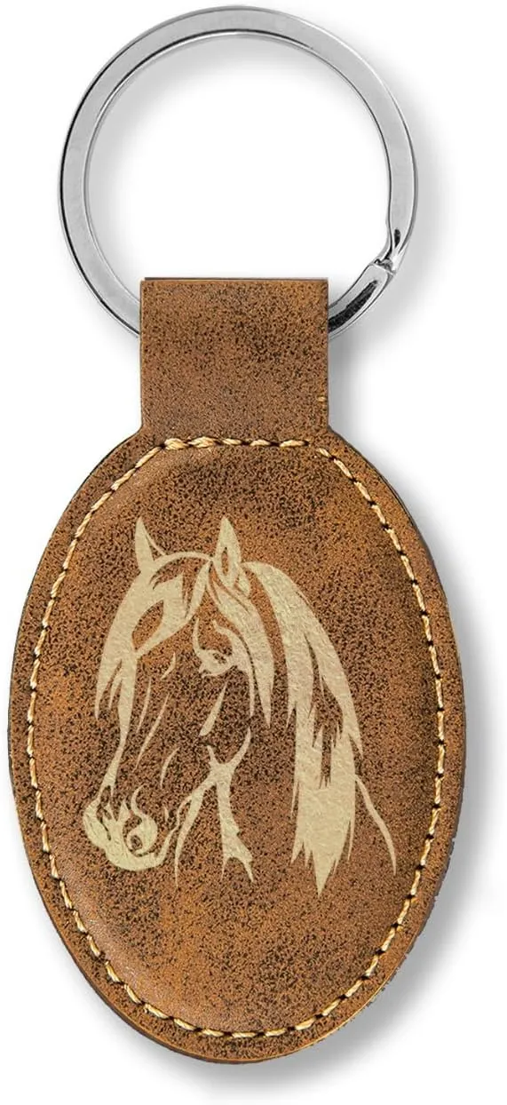 LaserGram Faux Leather Oval Keychain, Horse Head 1
