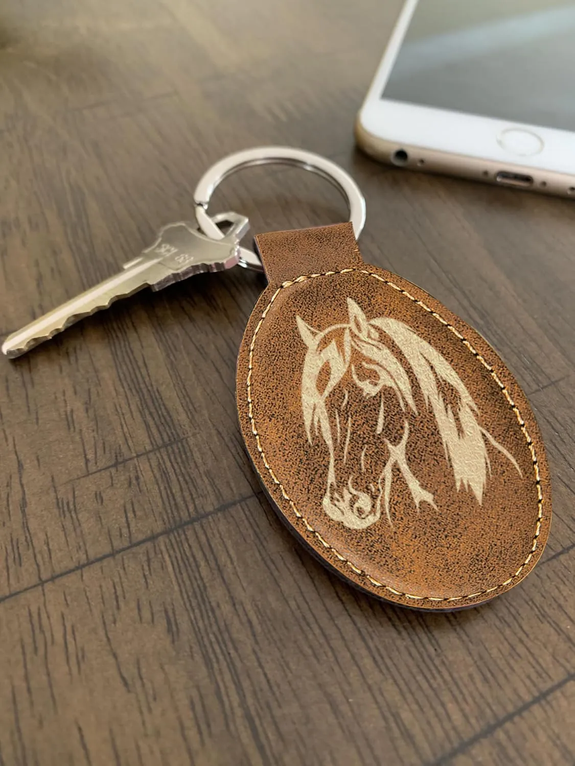 LaserGram Faux Leather Oval Keychain, Horse Head 1