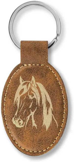 LaserGram Faux Leather Oval Keychain, Horse Head 1