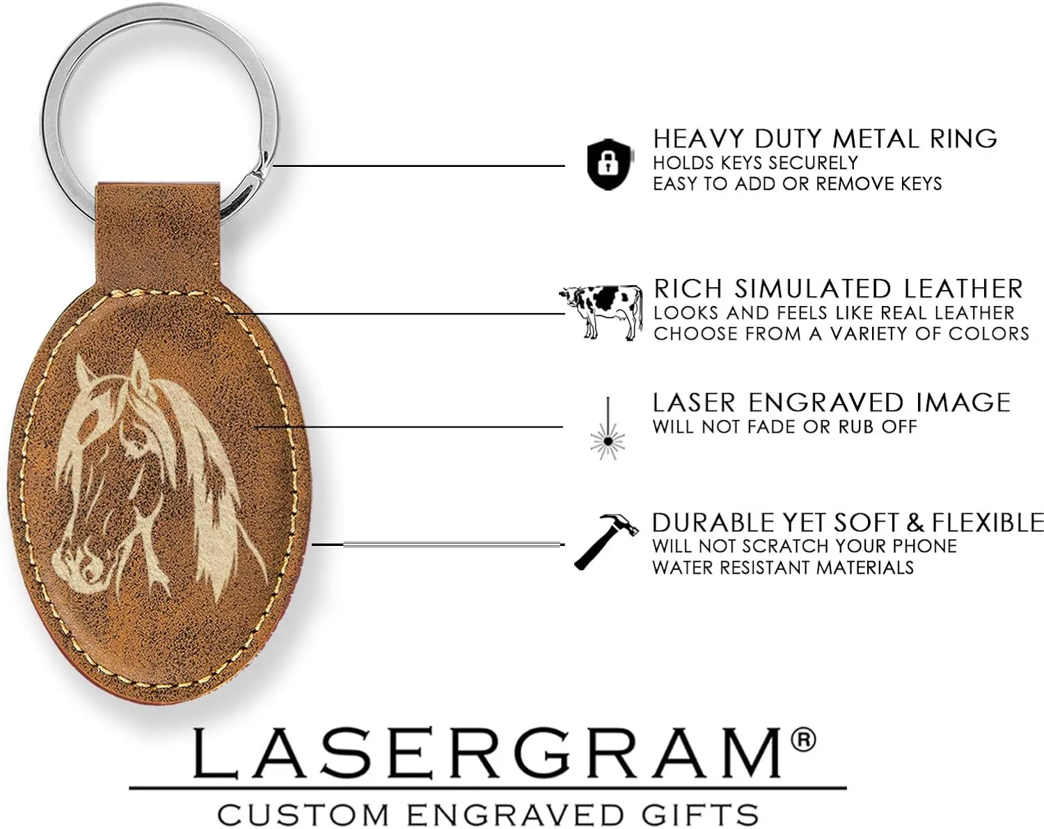 LaserGram Faux Leather Oval Keychain, Horse Head 1