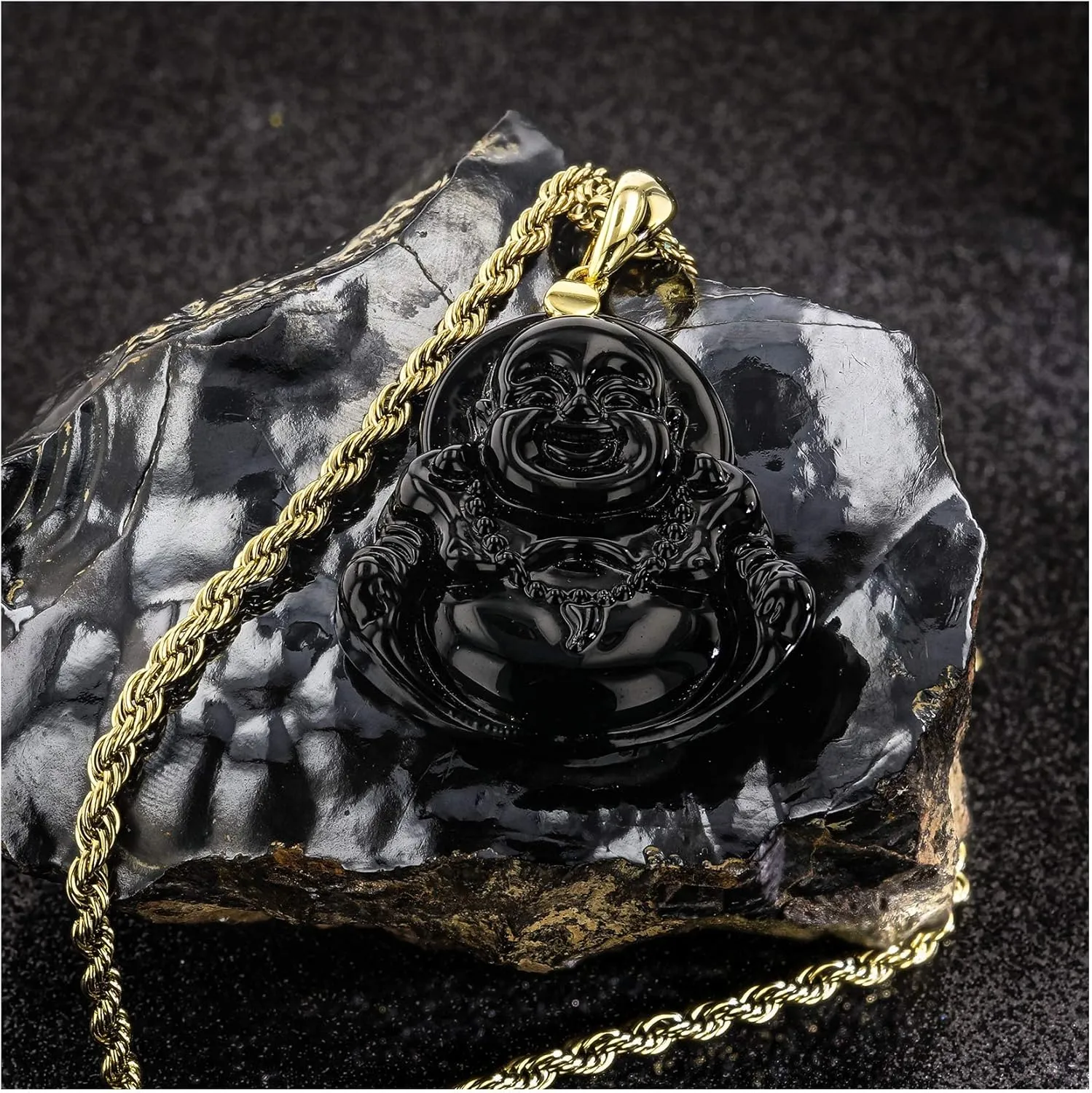 Laughing Buddha Black Jade Pendant Necklace Rope Chain Genuine Certified Grade A Jadeite Jade Hand Crafted