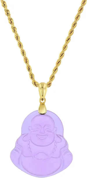Laughing Buddha Purple Jade Pendant Necklace Rope Chain Genuine Certified Grade A Jadeite Jade Hand Crafted, Religious Green Jade Necklace, 14k Gold Finish Laughing Jade Buddha Necklace, Purple Jade Medallion, Men's Jewelry