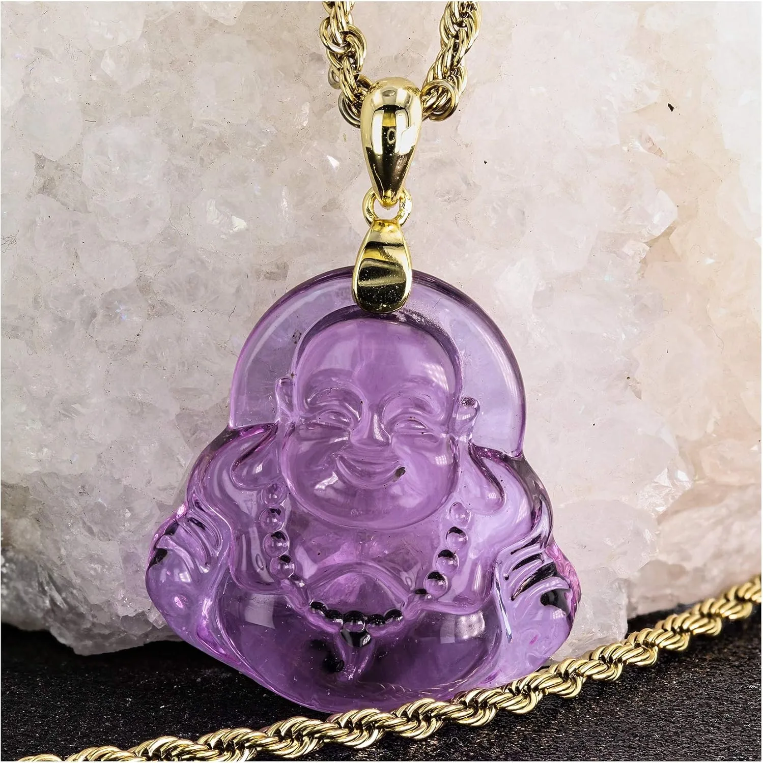 Laughing Buddha Purple Jade Pendant Necklace Rope Chain Genuine Certified Grade A Jadeite Jade Hand Crafted, Religious Green Jade Necklace, 14k Gold Finish Laughing Jade Buddha Necklace, Purple Jade Medallion, Men's Jewelry