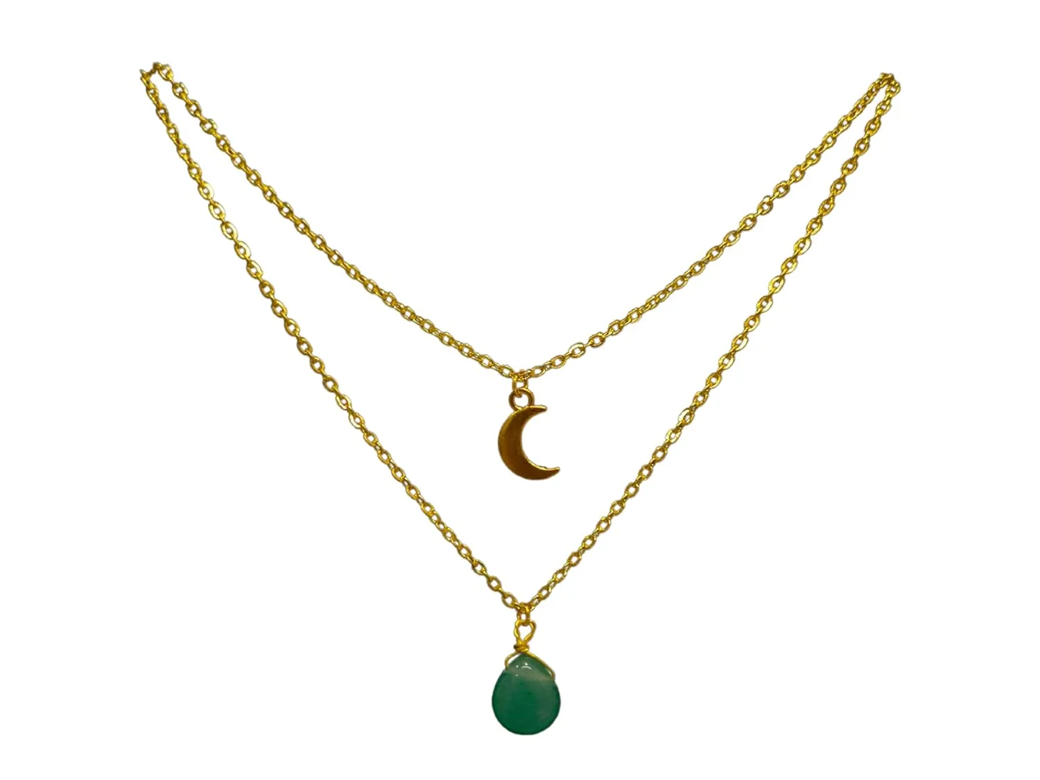 Layered 18K Gold Plated Necklace Celestial Crescent Moon Charm with Green Aventurine Gemstone Crystal Teardrop Pendant Boho Whimsical Handmade Jewelry Gift for Her