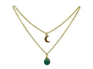 Layered 18K Gold Plated Necklace Celestial Crescent Moon Charm with Green Aventurine Gemstone Crystal Teardrop Pendant Boho Whimsical Handmade Jewelry Gift for Her