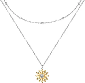 Layered Choker Necklace S925 Sterling Silver Star Full Moon Daisy Flower Pendant Disc Jewelry Adjustable Clavicle Necklaces for Women Girls Birthday Gifts