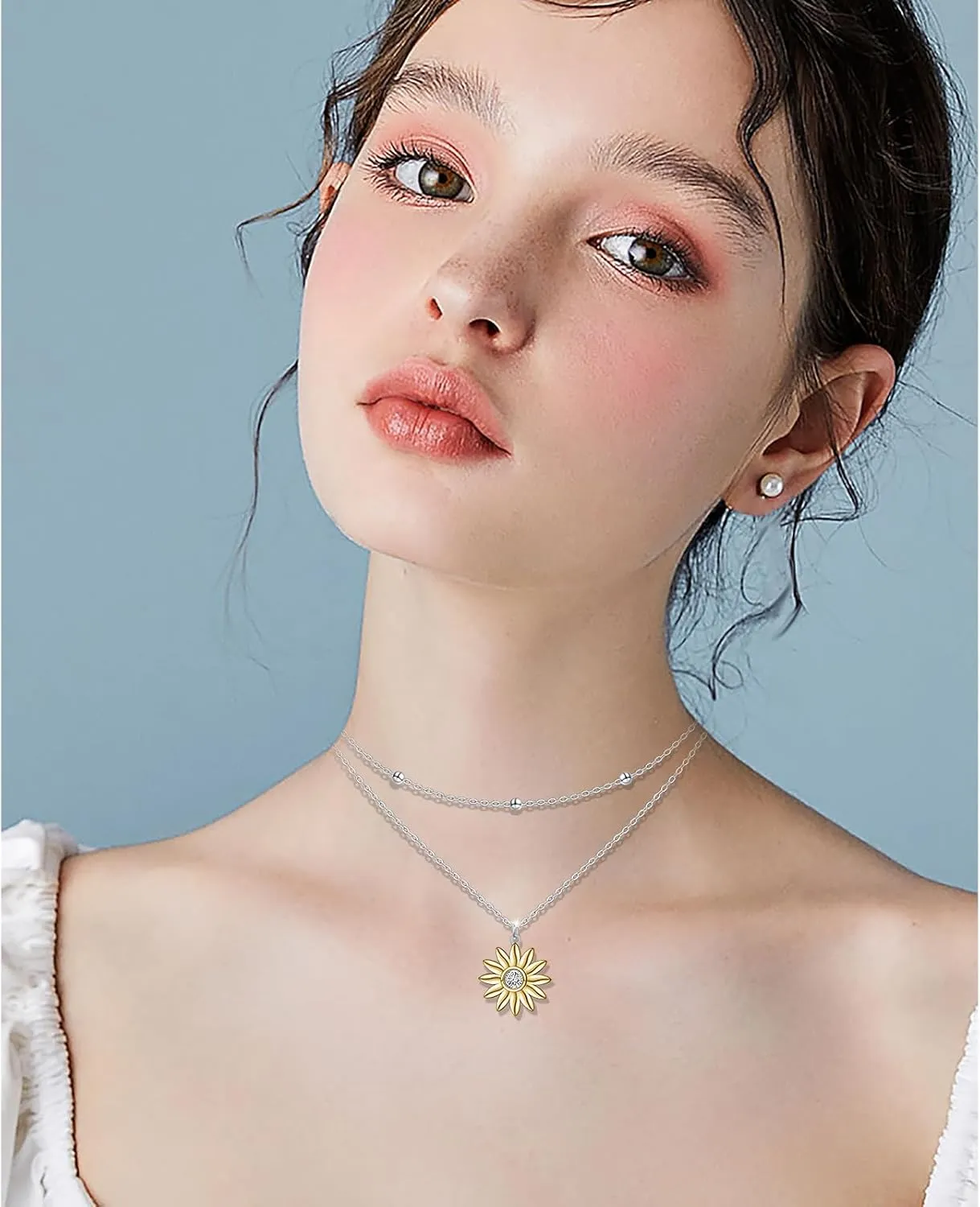 Layered Choker Necklace S925 Sterling Silver Star Full Moon Daisy Flower Pendant Disc Jewelry Adjustable Clavicle Necklaces for Women Girls Birthday Gifts