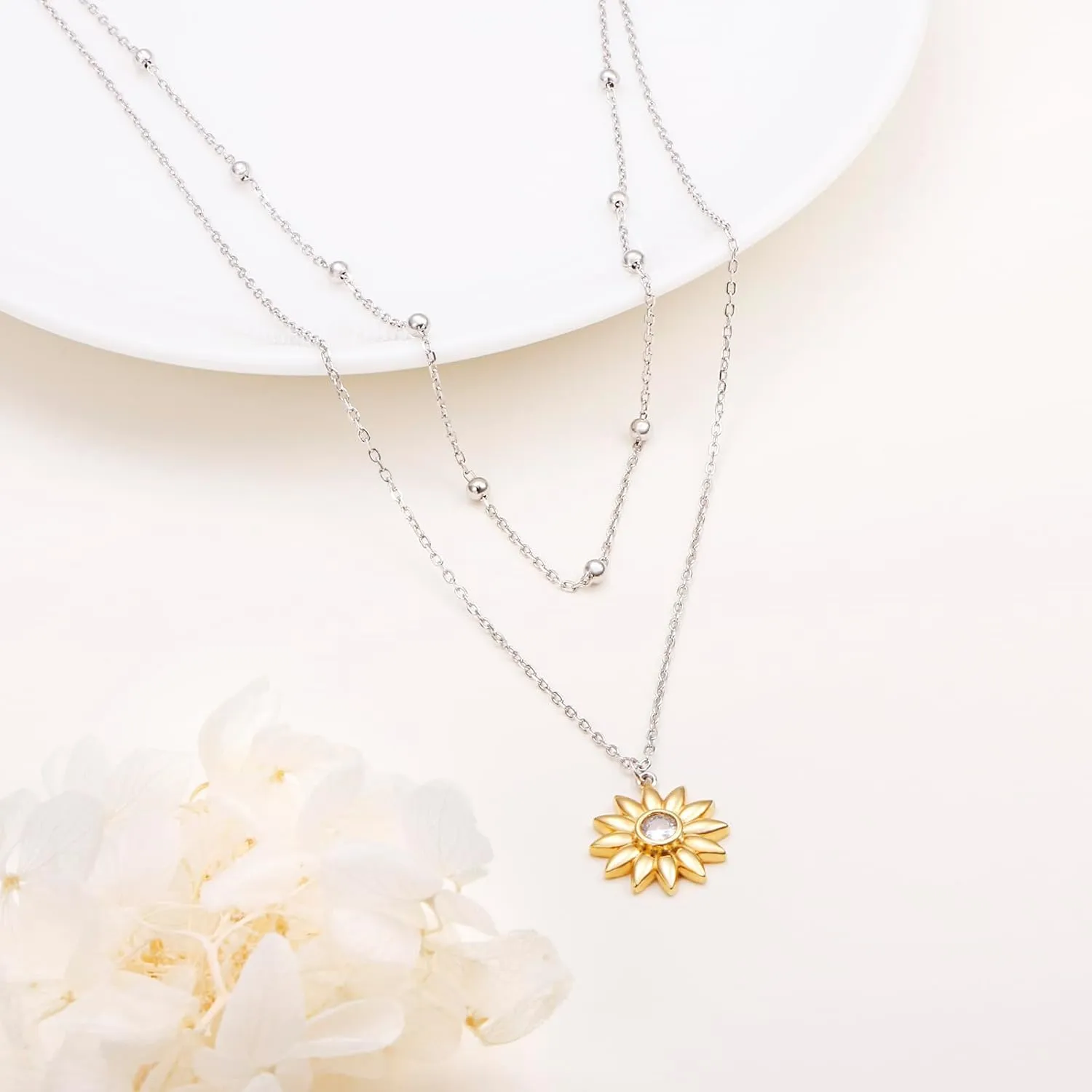 Layered Choker Necklace S925 Sterling Silver Star Full Moon Daisy Flower Pendant Disc Jewelry Adjustable Clavicle Necklaces for Women Girls Birthday Gifts