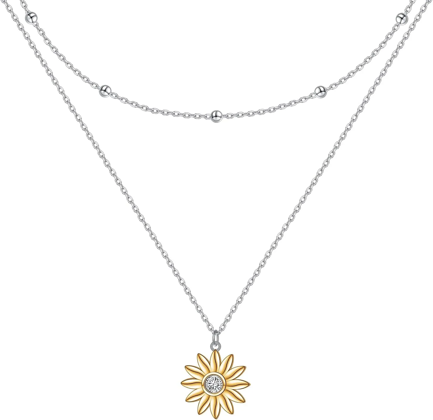 Layered Choker Necklace S925 Sterling Silver Star Full Moon Daisy Flower Pendant Disc Jewelry Adjustable Clavicle Necklaces for Women Girls Birthday Gifts