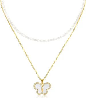 Layered Gold Butterfly Pendant Pearl Necklace for Women 14K Gold Plated Mother of Pearl Butterfly Charm Pearl Choker Necklace Cubic Zirconia Butterfly Necklace Adjustable Trendy Jewelry Gift for Women