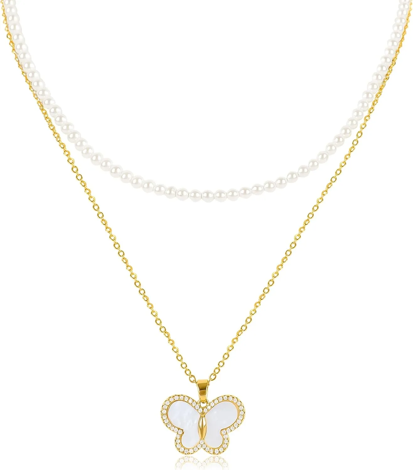 Layered Gold Butterfly Pendant Pearl Necklace for Women 14K Gold Plated Mother of Pearl Butterfly Charm Pearl Choker Necklace Cubic Zirconia Butterfly Necklace Adjustable Trendy Jewelry Gift for Women