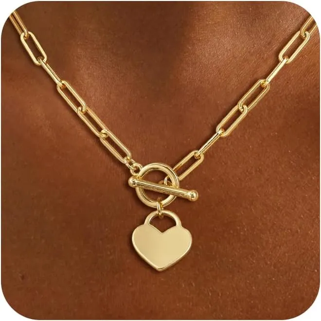 Layered Toggle Clasp Necklaces for Women - 14K Gold Plated Dainty Fashion Paperclip Necklace Heart Pendant Rope Chain Trendy Cuban Link Chunky Chain Choker Jewelry Gift