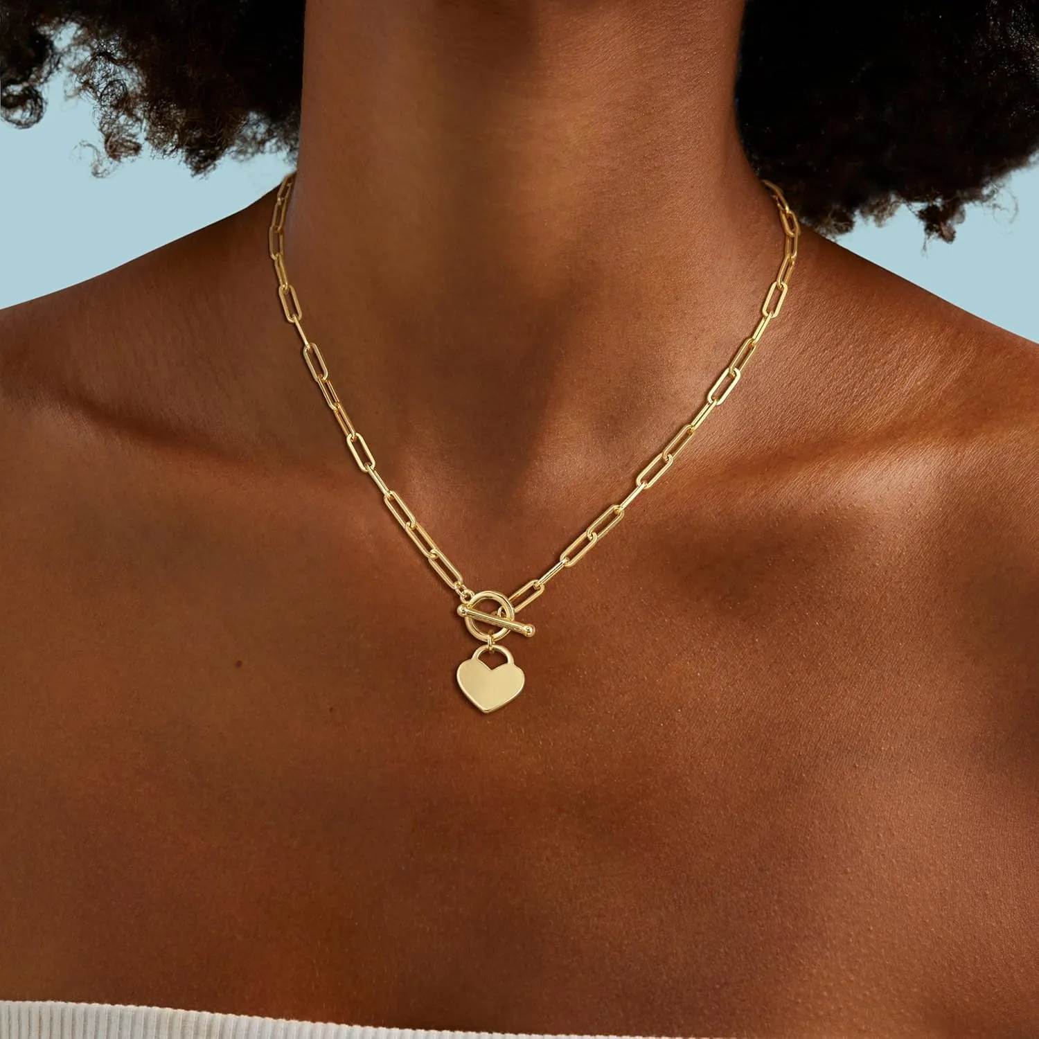 Layered Toggle Clasp Necklaces for Women - 14K Gold Plated Dainty Fashion Paperclip Necklace Heart Pendant Rope Chain Trendy Cuban Link Chunky Chain Choker Jewelry Gift