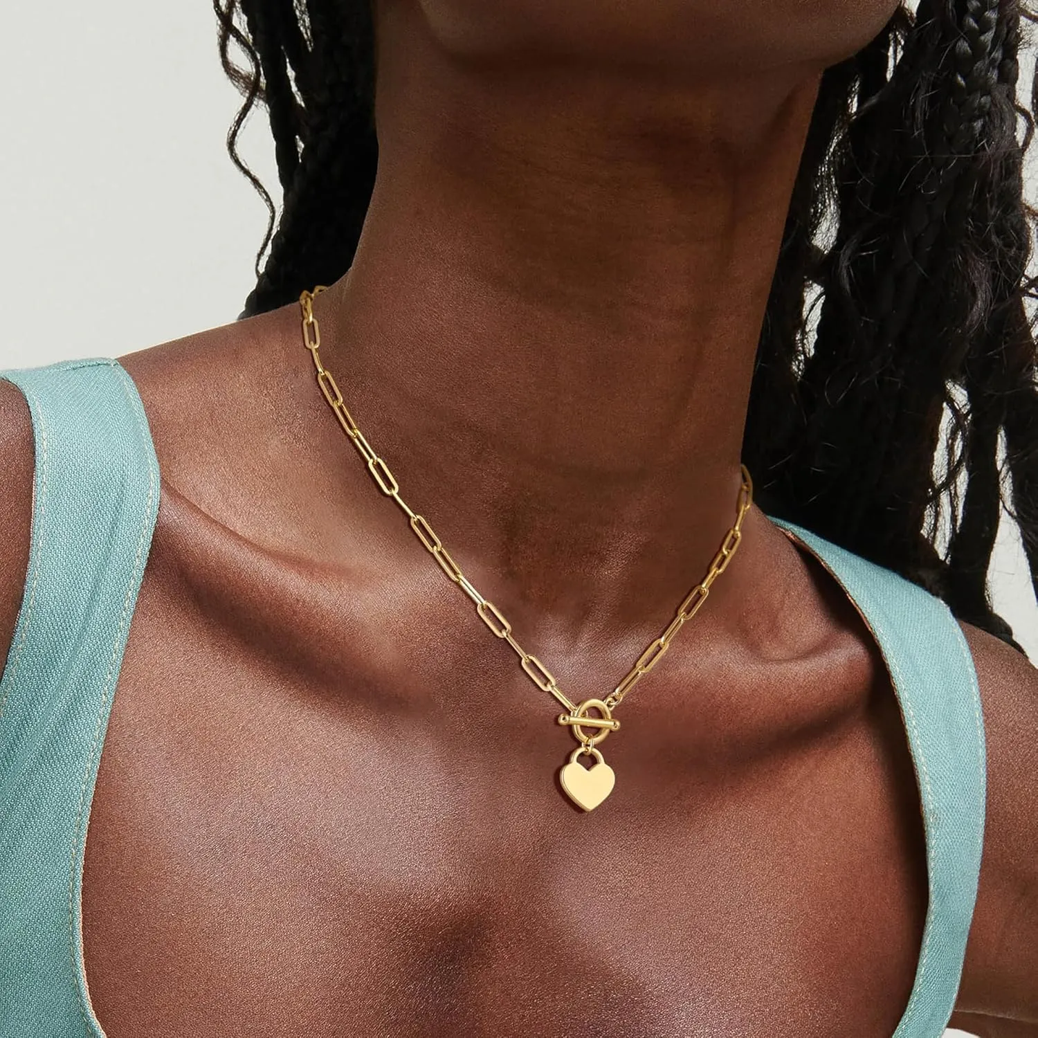 Layered Toggle Clasp Necklaces for Women - 14K Gold Plated Dainty Fashion Paperclip Necklace Heart Pendant Rope Chain Trendy Cuban Link Chunky Chain Choker Jewelry Gift