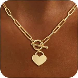 Layered Toggle Clasp Necklaces for Women - 14K Gold Plated Dainty Fashion Paperclip Necklace Heart Pendant Rope Chain Trendy Cuban Link Chunky Chain Choker Jewelry Gift