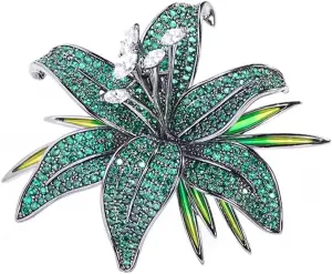 Lily Flower Wedding Statement Brooch Art CZ Lapel Pin Austrian Crystal Leaf Bouquet Clusters Brooches Elegant Dress Suit Sweater Accessories for Women Ladies Party Prom Xmas Jewelry Gift