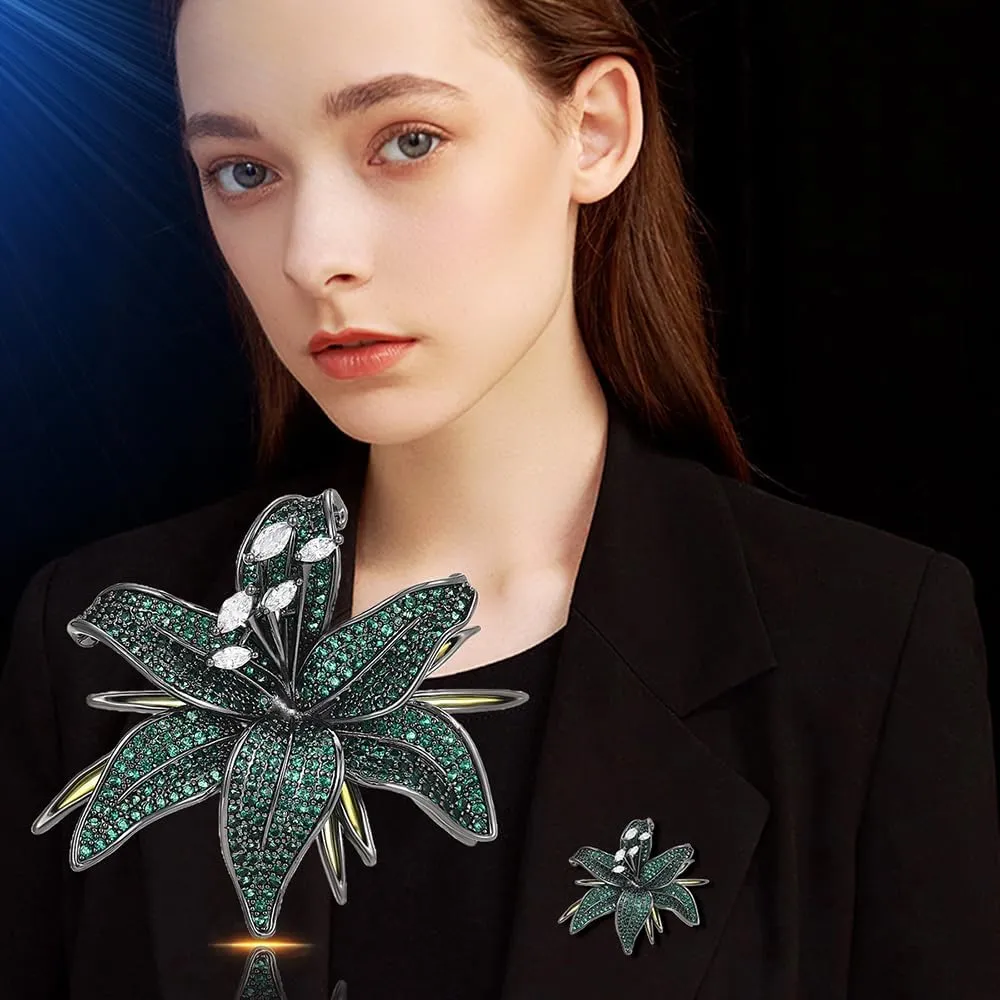 Lily Flower Wedding Statement Brooch Art CZ Lapel Pin Austrian Crystal Leaf Bouquet Clusters Brooches Elegant Dress Suit Sweater Accessories for Women Ladies Party Prom Xmas Jewelry Gift